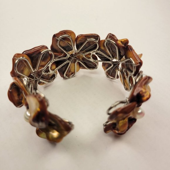 Golden Brown Cuff Bracelet with Freshwater Pearls and Mother Of Pearl - NEW - Picture 8 of 15